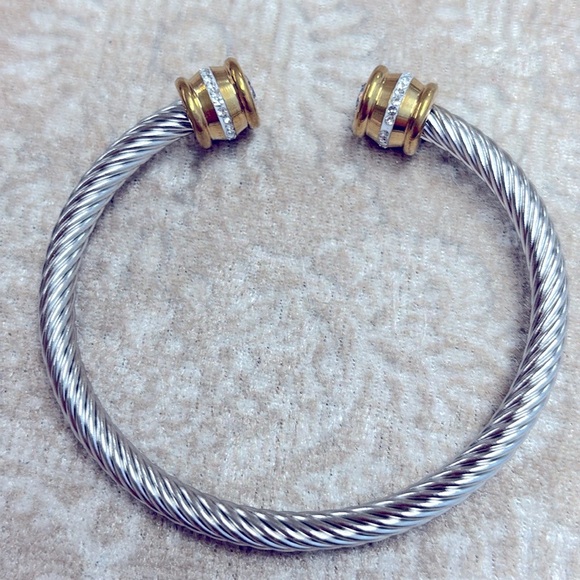 Gold & Silver Two-Tone Twisted Cable Cuff Bangle Bracelet Crystal Rhinestone - Picture 6 of 12